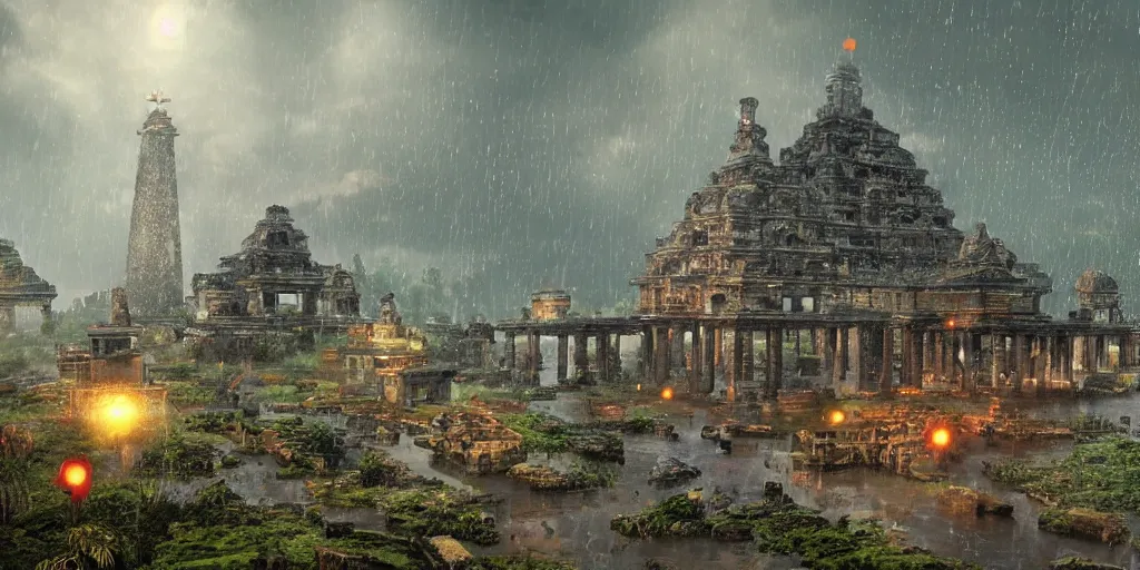 Prompt: Rainy environment with an ancient temple in the middle of the image surrounded by airships