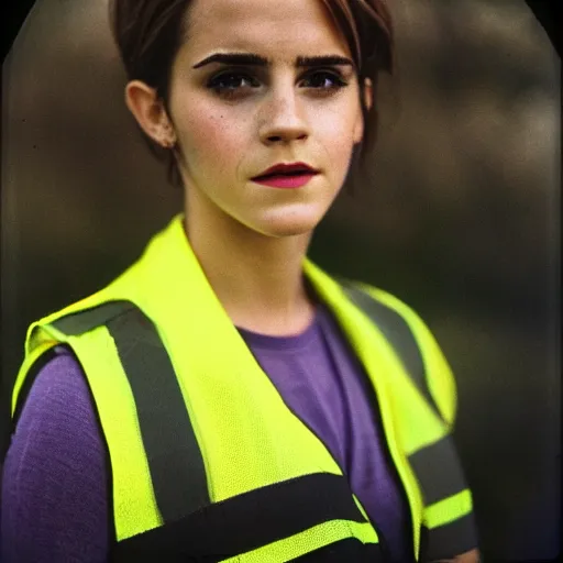 Image similar to photo, close up, emma watson in a hi vis vest, chewing tobacco, bulging lower lip, portrait, kodak gold 2 0 0,