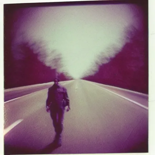 Image similar to found polaroid picture, flash, mutant creature in the middle of a deserted highway, eerie