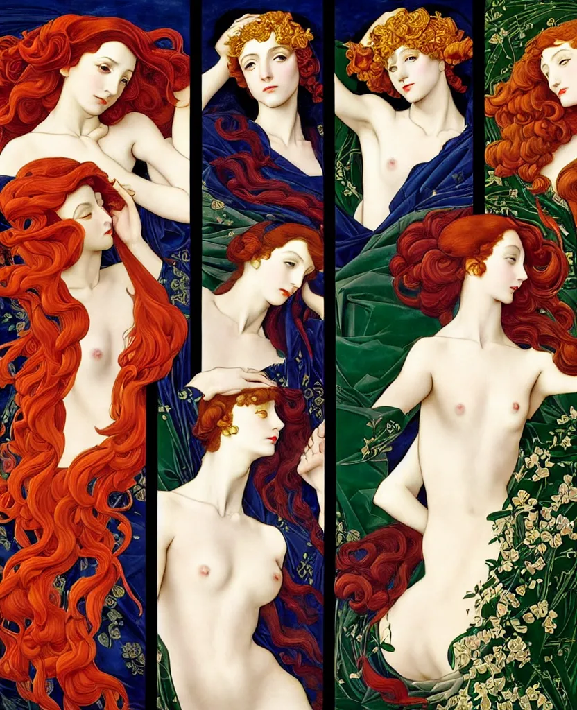 Image similar to the Four Seasons, represented by the 4 Symbolic Muses, in a mixed style of Æon Flux, Shepard Fairey, Botticelli, and John Singer Sargent, inspired by pre-raphaelite paintings, shoujo manga, and cool Japanese street fashion, gradients, iridescence, chromatic aberration, jungian symbols, hyper detailed, super fine inking lines, dramatic color, 4K extremely photorealistic, Arnold render