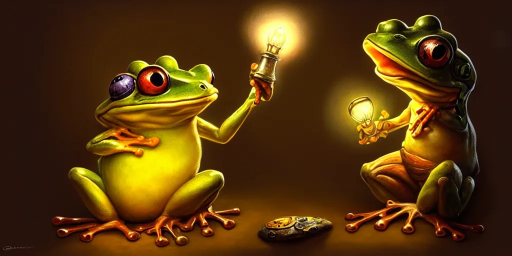 Image similar to a frog holding a lamp by justin gerard, concept art, creature design