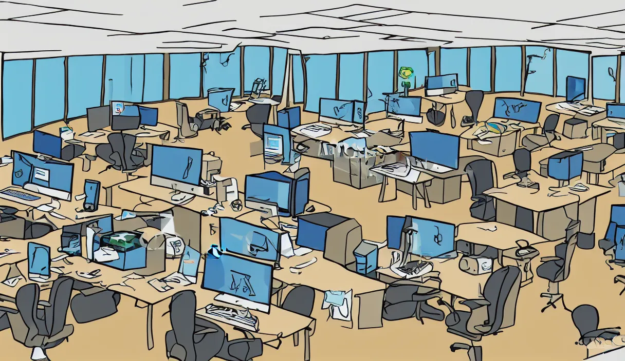 Prompt: a cartoon drawing of an office with desks chairs computers and other office equipment, saturday morning cartoon