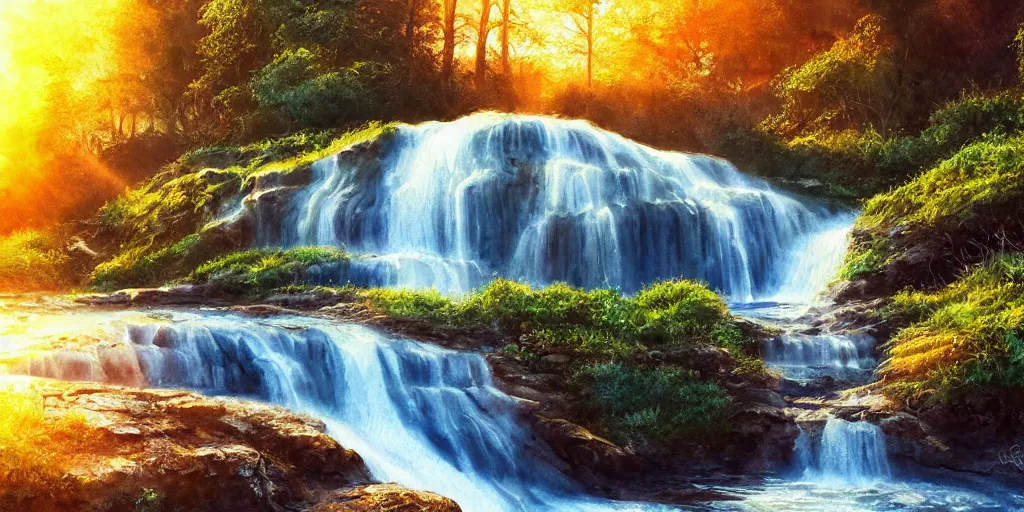 Image similar to golden hour waterfall nature landscape, watercolor, ultra realistic, highly detailed, hd, sharp focus, cinematic lighting, warm colors, realistic, photorealistic, vivid colors, painting, digital art, non blurry, sharp, artstation, smooth, illustration