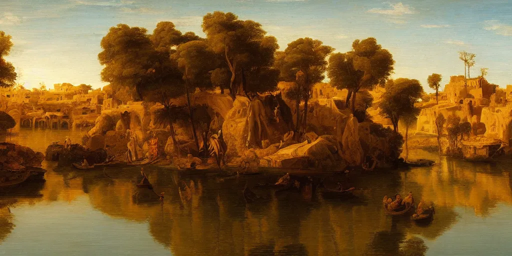 Image similar to Highly detailed and cinematic Renaissance period oil painting of the Nile, an oil painting ((masterpiece)) by ((Josep Tapiró Baró)), dynamic lighting, 8K