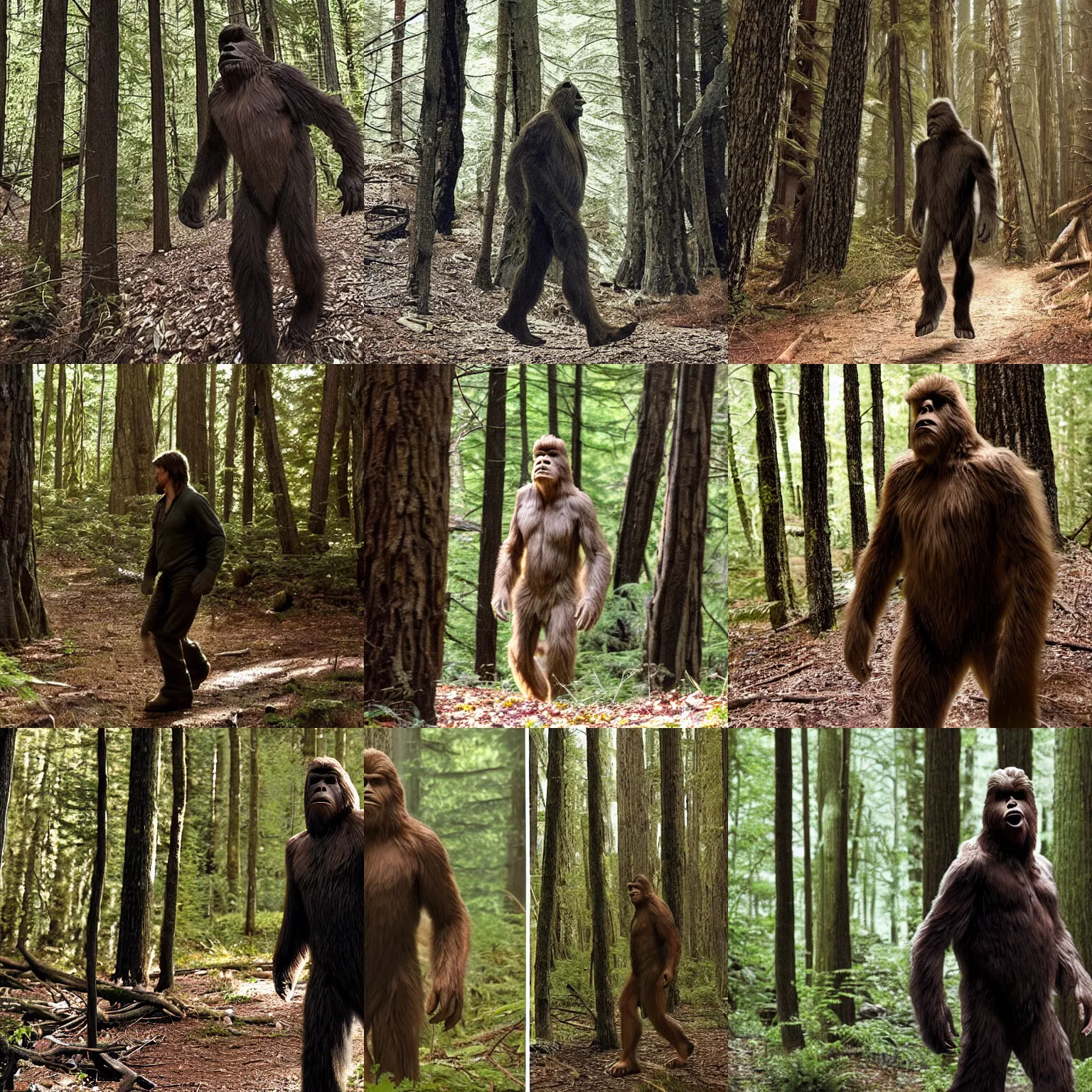 Prompt: Bigfoot photographed walking in the woods with actor Tom Cruise