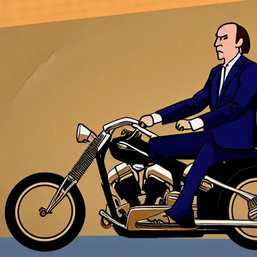 Prompt: Saul Goodman driving a motorcycle, highly detailed, 4k