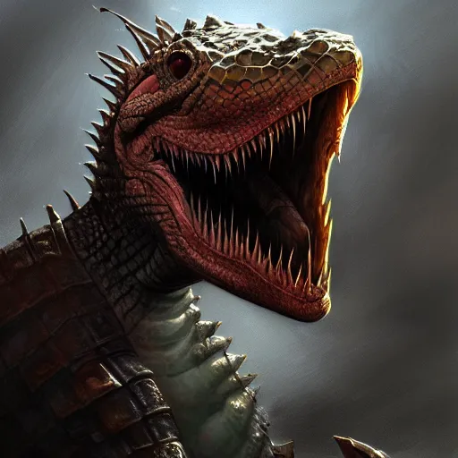 Image similar to portrait of an angry reptile in the armor, beautiful face, hyper realistic, highly detailed, digital painting, artstation, illustration, concept art by hyung tae and frank frazetta, digital paint, matte paint, washed colors, eating cakes, dark, gloomy, foggy