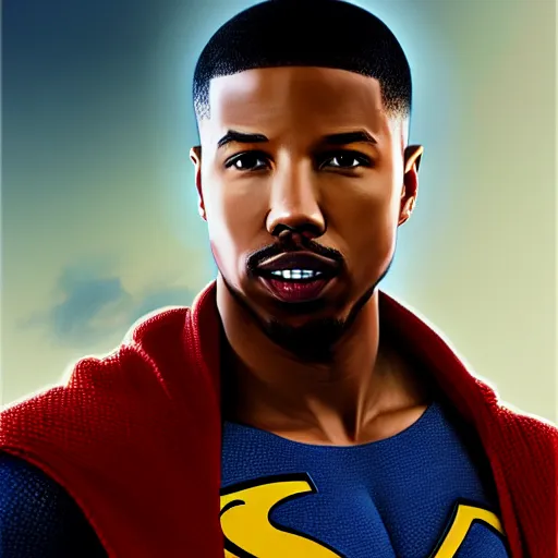 Prompt: michael b jordan as superman, digital painting, extremely detailed, 4 k, intricate, brush strokes, mark arian, artgerm, bastien lecouffe - deharme