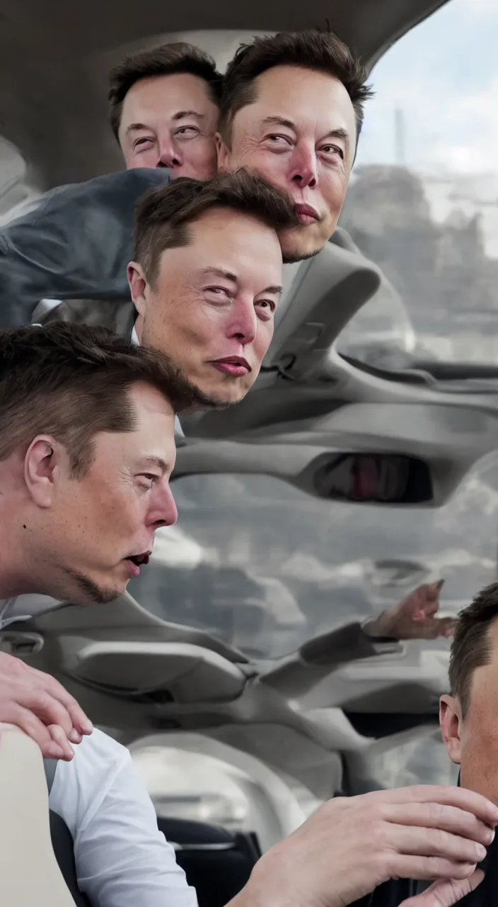 Image similar to elon musk making out with donald trump in the backseat of a tesla cybertruck. cinematic 8 k, depth of field.