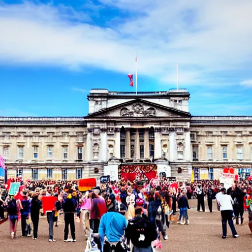 Prompt: a picture of buckingham palace very very accurate with a gigantic crowd of protestors on the street, the sky is blue and everyone is holding russian signs wide shot hyperrealistic photography 7 0 mm