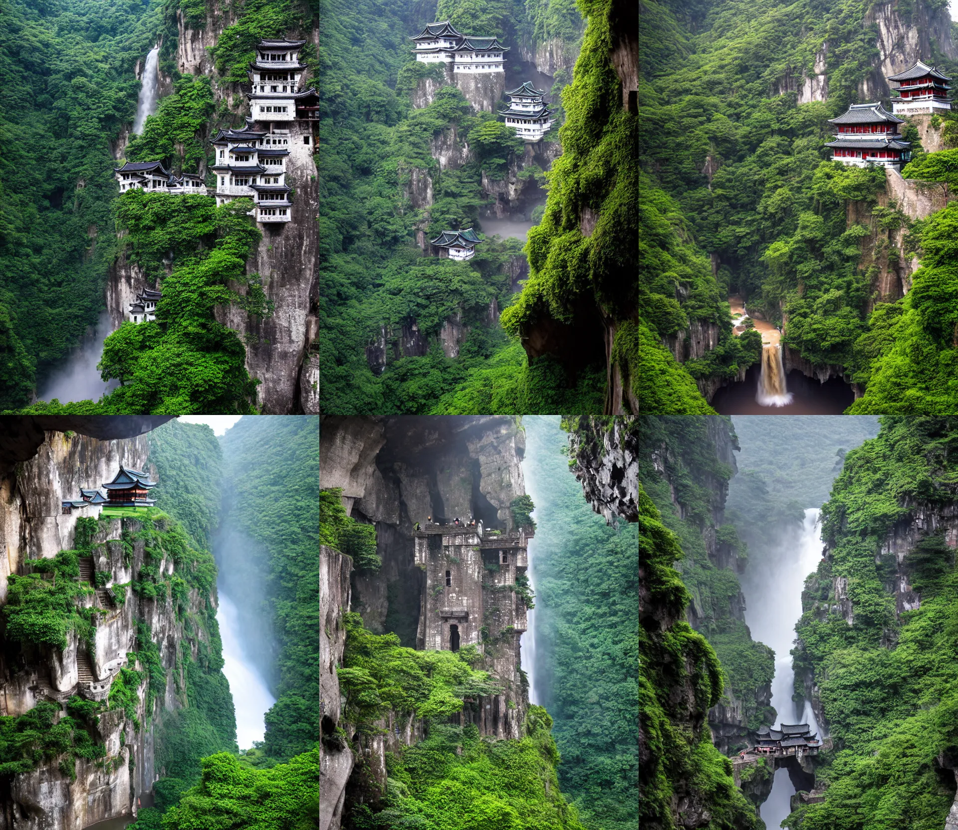 Prompt: establishing wide shot inside han son doong with waterfalls on either side of the cliff walls, a cloister is built into the cliff walls, at the top of the cliff is a japanese castle