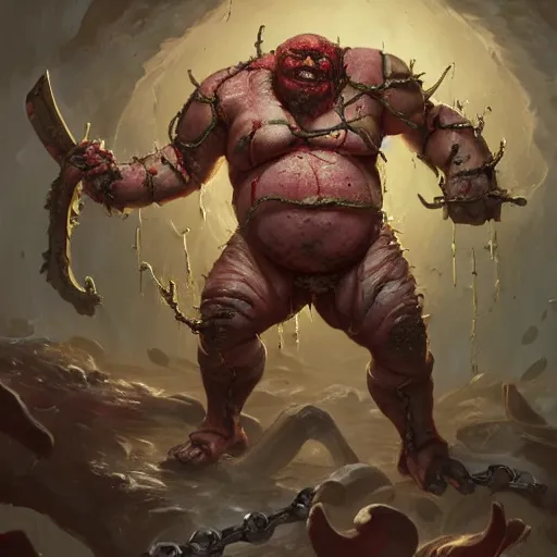 Image similar to a fat fleshy abomination four-arms butcher holding a cleaver and a hook hand, flesh wounded, four arms, chained hook, cleaver knife, meats on the ground, in the style of greg rutkowski, fantasy rpg, league of legends