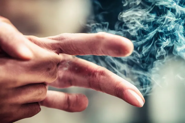 Image similar to Close-up of thin soft hand, five fingers, hand with cigarette with smoke, hand with five fingers, hyper realistic, high details, photo, super resolution