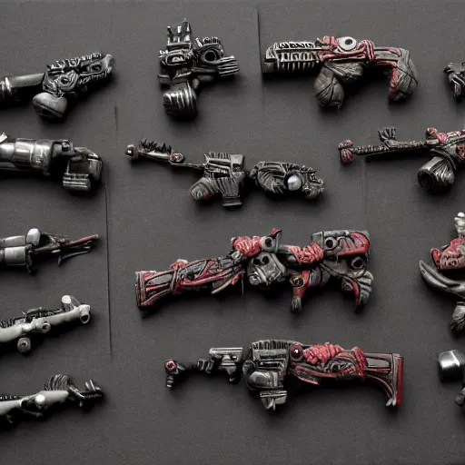 Prompt: gears of war weapons as plastic warhammer figurine parts