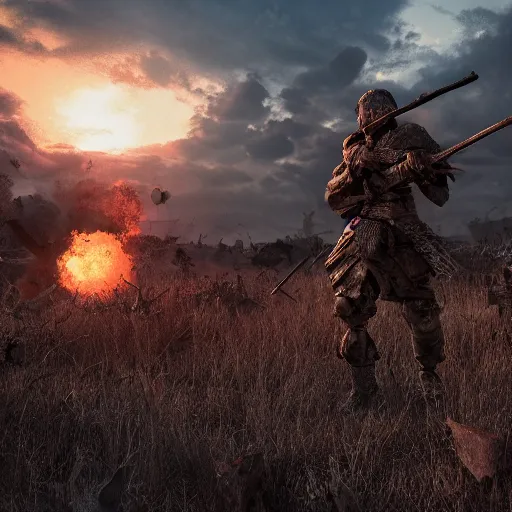 Image similar to war torn fantasy battlefield, violent, one warrior still standing, sunset, octane render, beautiful