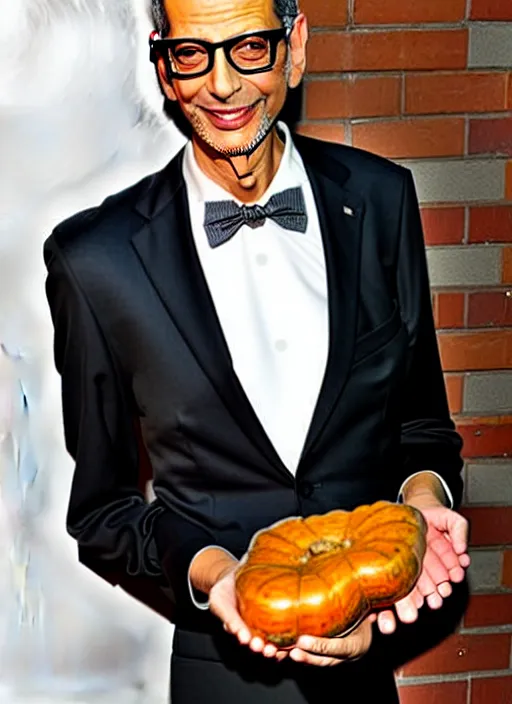 Image similar to jeff goldblum dressed up in a sweet potato