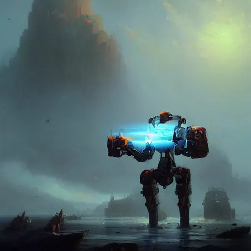 Image similar to cinematic - shot'' mech robot with highly detailed body made by ivan aivazovsky, peter mohrbacher, greg rutkowski volumetric light effect broad light oil painting painting fantasy art style sci - fi art style realism premium prints available artwork unreal engine
