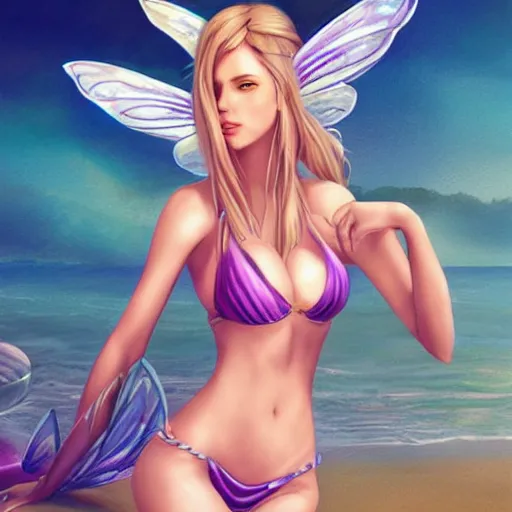 Image similar to beautiful fairy with fairy wings in a bikini on the beach drawn by artgerm