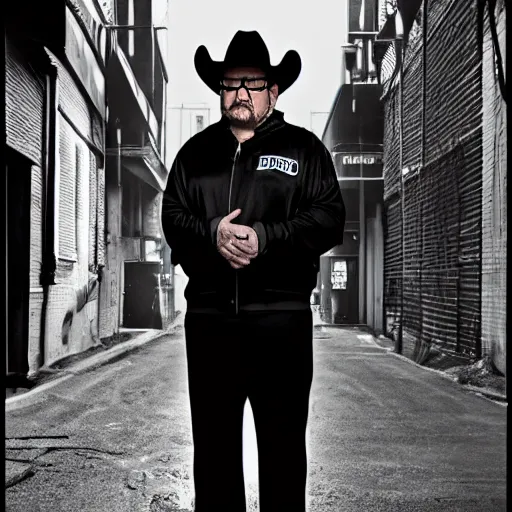 Prompt: Good ol' JR Jim Ross, wearing a tracksuit, standing in a dark alleyway, wearing a black cowboy hat, cyberpunk