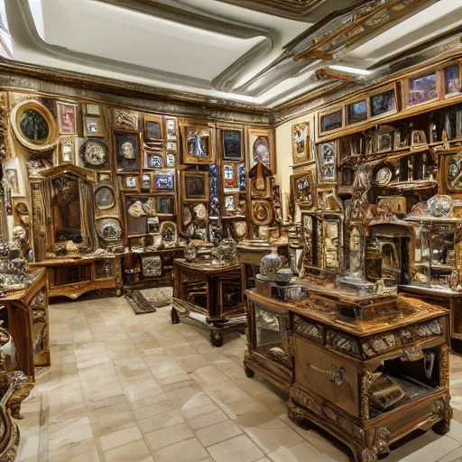 Prompt: A great showroom filled with artifacts, jewels and treasures lost to time, ultra-high definition, 4K, museum quality photo