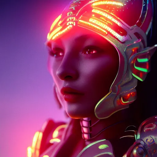 Prompt: Beautiful Female Mayan cyborg covered with glowing armor. Lightning and fire storm. Close up shot. DOF, cinematic , Octane, artstation, cgsociety, bokeh