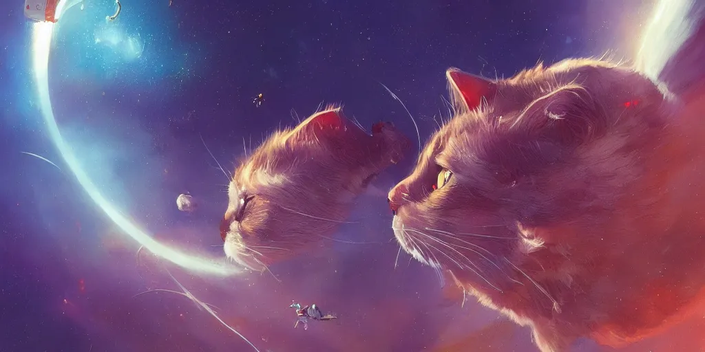 Image similar to cat high in space, Moebius, Greg Rutkowski, Zabrocki, Karlkka, Jayison Devadas, Phuoc Quan, trending on Artstation, 8K, ultra wide angle, zenith view, pincushion lens effect