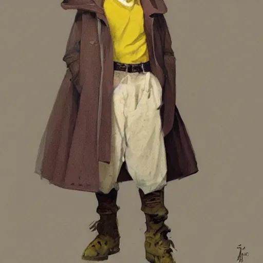 Image similar to a highly detailed epic cinematic concept art CG render digital painting artwork costume design: a teenage Sadie Sink in a 1950s man's coat and hoodie. muted colors with some yellow accents. By Greg Rutkowski, Ilya Kuvshinov, WLOP, Stanley Artgerm Lau, Ruan Jia and Fenghua Zhong, trending on ArtStation, made in Maya, Blender and Photoshop, octane render, excellent composition, cinematic atmosphere, dynamic dramatic cinematic lighting, aesthetic, very inspirational, arthouse