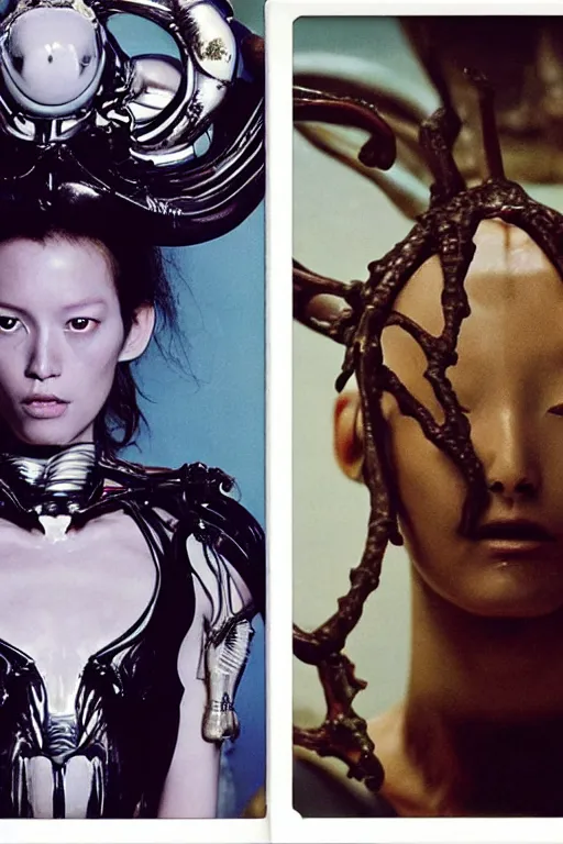 Image similar to polaroid still symmetry frame from Alien Covenant movie by Takashi Murakami, from Pan's Labyrinth (2006) by James Stokoe, creation of life , dressed by Salvatore Ferragamo and by Chanel, haute couture painted by Peter Paul Rubens and by John Baeder, editorial fashion photography from vogue magazine, in coral stalagmite by Jean-Michel Basquiat