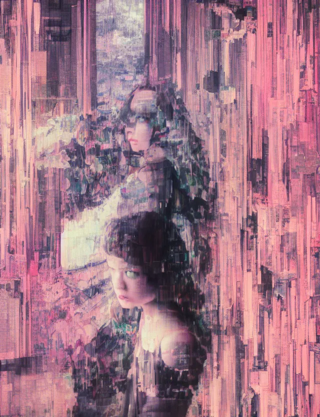 Image similar to dressed girl at home at night, redshift, wide high angle view, coloured polaroid photograph with flash, kodak film, hyper real, stunning moody cinematography, anamorphic lenses, by maripol, fallen angels by wong kar - wai, style of suspiria and neon demon and bahnhof zoo, detailed, oil on canvas, pixelated, glitch datamosh