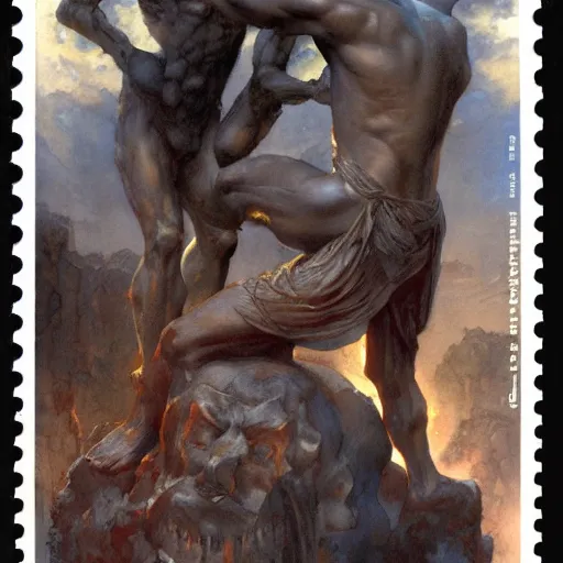 Image similar to Roguish Picaro Dsurion stands at the gates of Hades Hand Crafted By Rodin. Painting by greg rutkowski Donato Giancola Jeff Simpson norman rockwell stamp watercolor