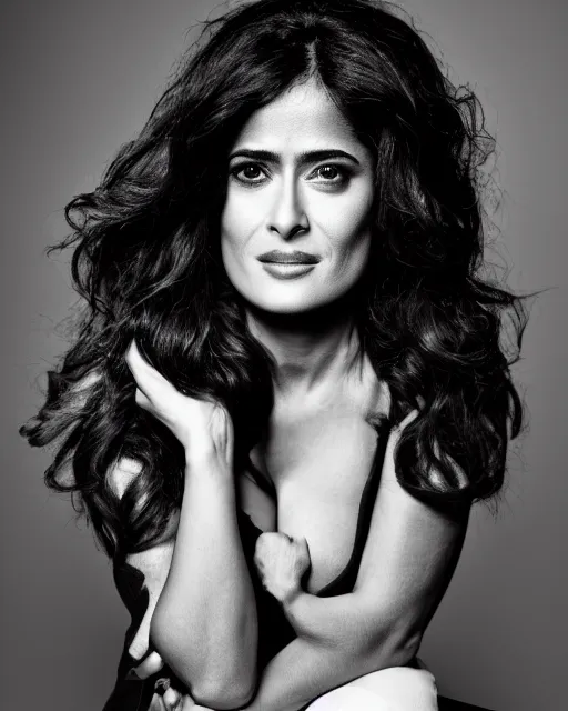 Image similar to Fully-clothed full-body portrait of Salma Hayek, Canon EOS R5, 50mm, F1.4, black background, dark studio lighting, professional, 8K