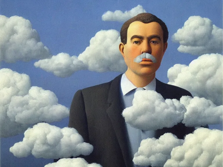 Image similar to man made out of clouds, painting by rene magritte, high detail, high resolution