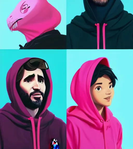 Image similar to face icon stylized minimalist justin trudeau pink hoody, loftis, cory behance hd by jesper ejsing, by rhads, makoto shinkai and lois van baarle, ilya kuvshinov, rossdraws global illumination