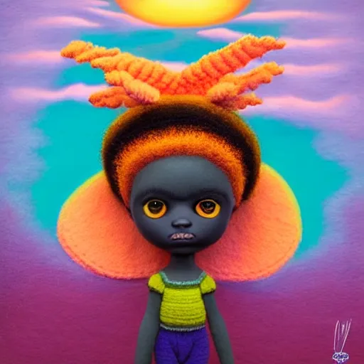 Prompt: symmetry!, wide angle dynamic portrait of a chibbi black girl with a colorful afro in an african zen garden at sunset, macrophotography, felt texture, amigurumi by mark ryden and todd schorr and mark davis and zdislaw beksinski in a surreal lowbrow style, digital paint, matte paint, vivid pastel watercolors, breathtaking landscape