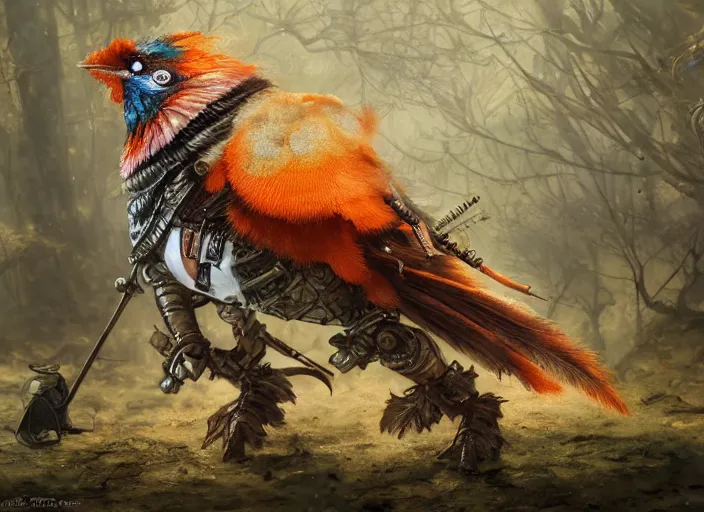 Prompt: ashigaru steampunk - inspired feathered mic, colorful plumage, lacquered armor, cute but determined, hard focus, art station, by jessica rossier and brian froud, cinematic fantasy painting, orange grey white, in a woodland glade