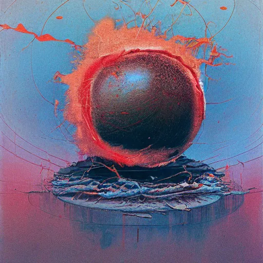 Prompt: a sphere being devoured by abstract splatters of paint in the style of francis bacon, venus being engulfed in flames in the style of james jean, surreal, beksinski, high detailed