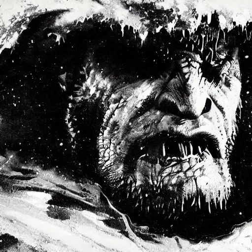 Prompt: extreme close up portrait of an ogre berserker inside a cave kvlt by peder balke by peder balke by greg rutkowski, by guido crepax by norman bluhm mystic high contrast monochromatic noir