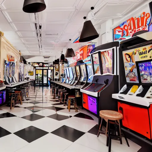 Prompt: photo of a white cafe interior with arcade machines, and 9 0 s posters on the tall white walls, wide angle shot 4 k hdr