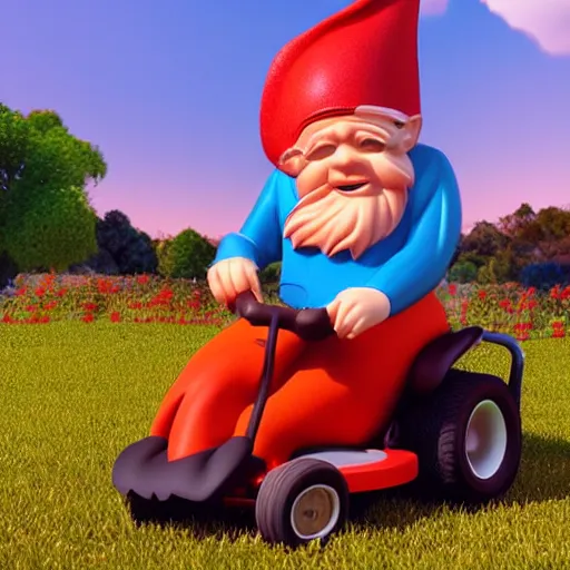 Image similar to gnome wearing red hat sitting on fancy riding lawn mower in backyard afternoon 2019 Pixar render SSAO ray marching black and orange lawn mower designed by Ikuo Maeada