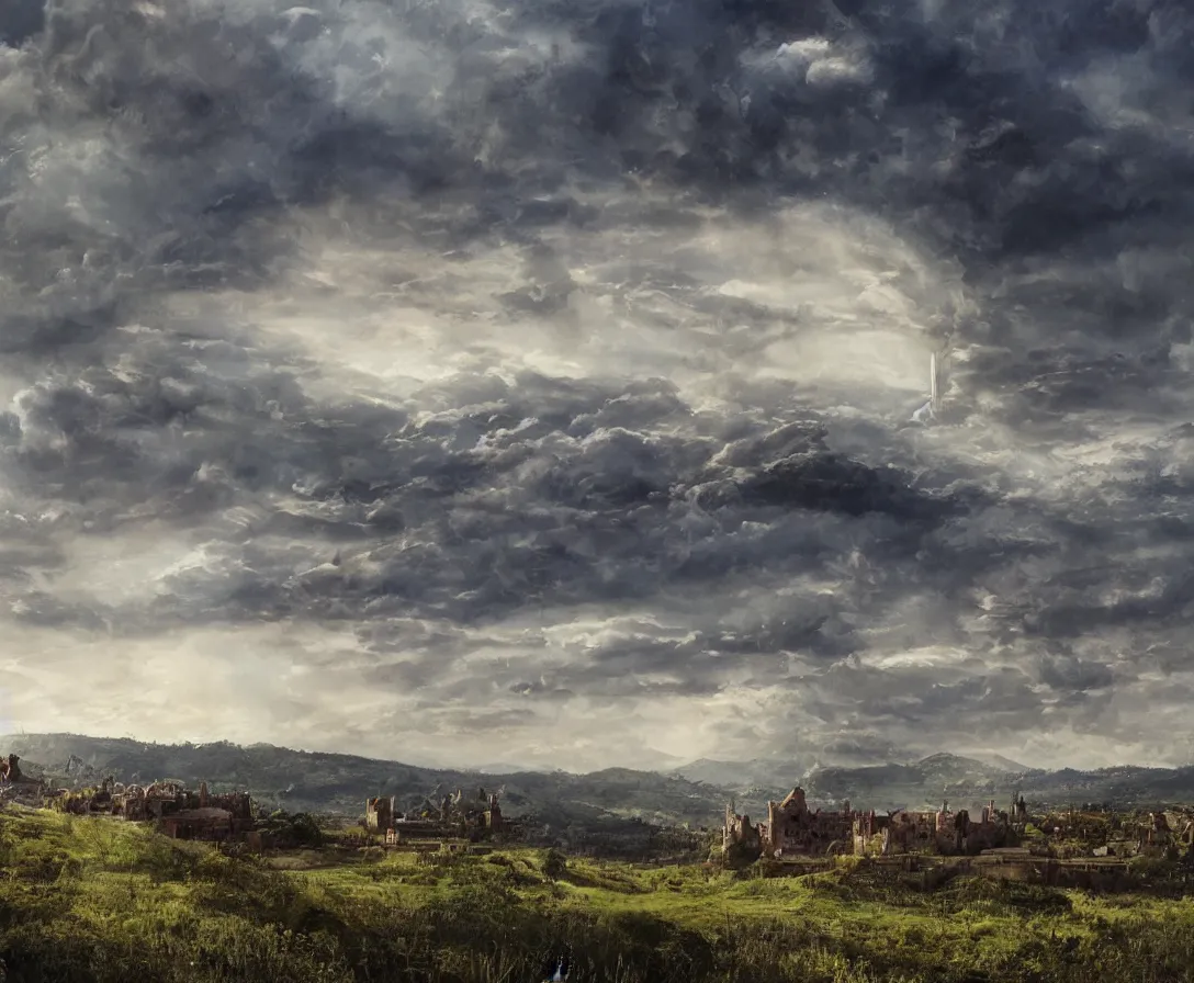 Image similar to Vast verdant empty flat valley surrounded by Transylvanian mountains. A huge zeppelin in the sky among colorful clouds. A ruined medieval castle on the hillside in the background. No villages or buildings. Late warm evening light in the summer, gloomy weather. Hyperrealistic, high quality, fantasy art by Greg Rutkowski.