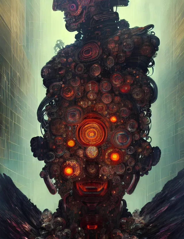 Image similar to asura from chinese myth, ghost, gorgeous and huge head ornaments, dystopian, cyberpunk, organic fractal mycelum and fungi, mecha, halfturn portrait of a big crystal face made of crystals half - turn, ominous, intricate, studio, art by anthony macbain + greg rutkowski + alphonse mucha, concept art, 4 k, sharp focus