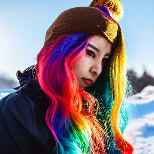 Image similar to of 85mm woman with rainbow hair staring at snow side angle golden sunlight hitting face