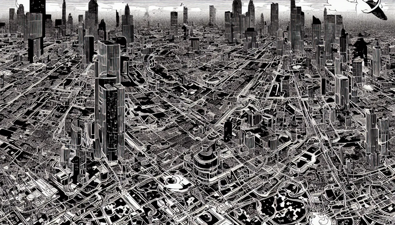 Image similar to detroit by woodblock print, nicolas delort, moebius, victo ngai, josan gonzalez, kilian eng