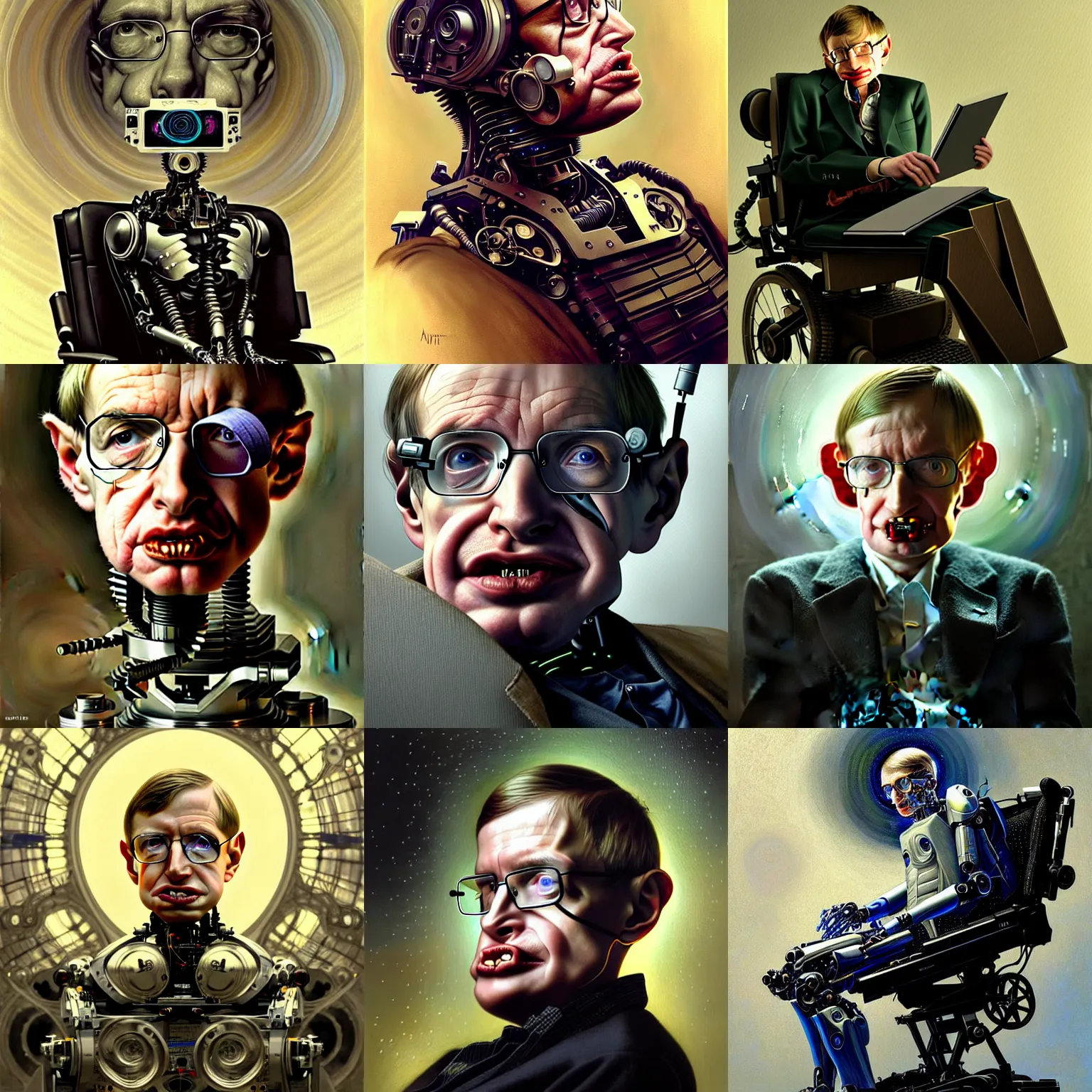 Prompt: stephen hawking's as a cyborg robot, diffuse lighting, fantasy, intricate, elegant, highly detailed, lifelike, photorealistic, digital painting, artstation, illustration, concept art, smooth, sharp focus, art by john collier and albert aublet and krenz cushart and artem demura and alphonse mucha