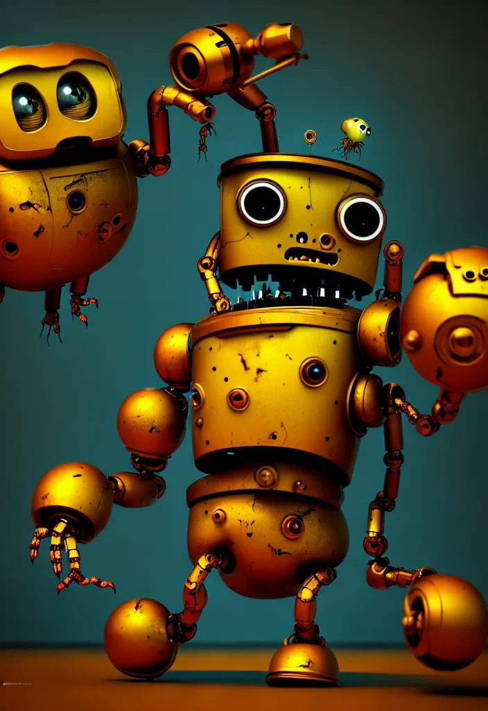 Image similar to , grotesque despair cute monster smooth paneling, golden robotic chest, with damaged rusty arms, broken antenna, recycled, floating, dystopia, oil, mechanical, toy, ambient light, in the style of pixar animation, pokedstudios, blender, octane render, 8 k, gediminas pranckevicius