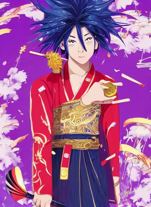 Image similar to young man with straight indigo hair, purple eyes with red eye markers, slim body, wearing a detailed Japanese kimono with golden armor pieces, holding a japanese fan. rich vivid colors, ambient lighting, dynamic lighting, 4k, official media, anime key visual, makoto shinkai, ilya kuvshinov, lois van baarle, rossdraws, detailed, trending on artstation