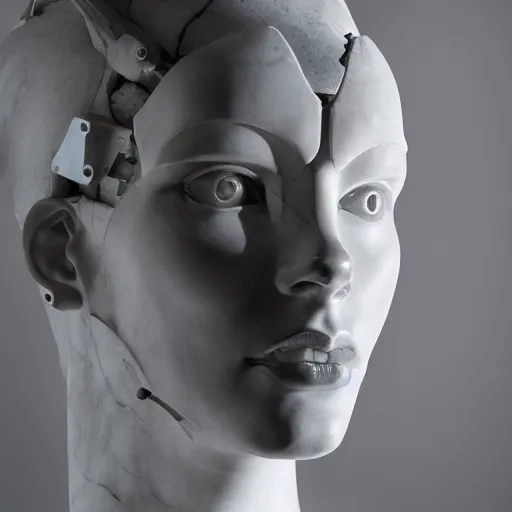 Image similar to a head and shoulders portrait of a female cyborg in her 20s, sculpture made of marble and aluminum, studio photography, cyberpunk lighting