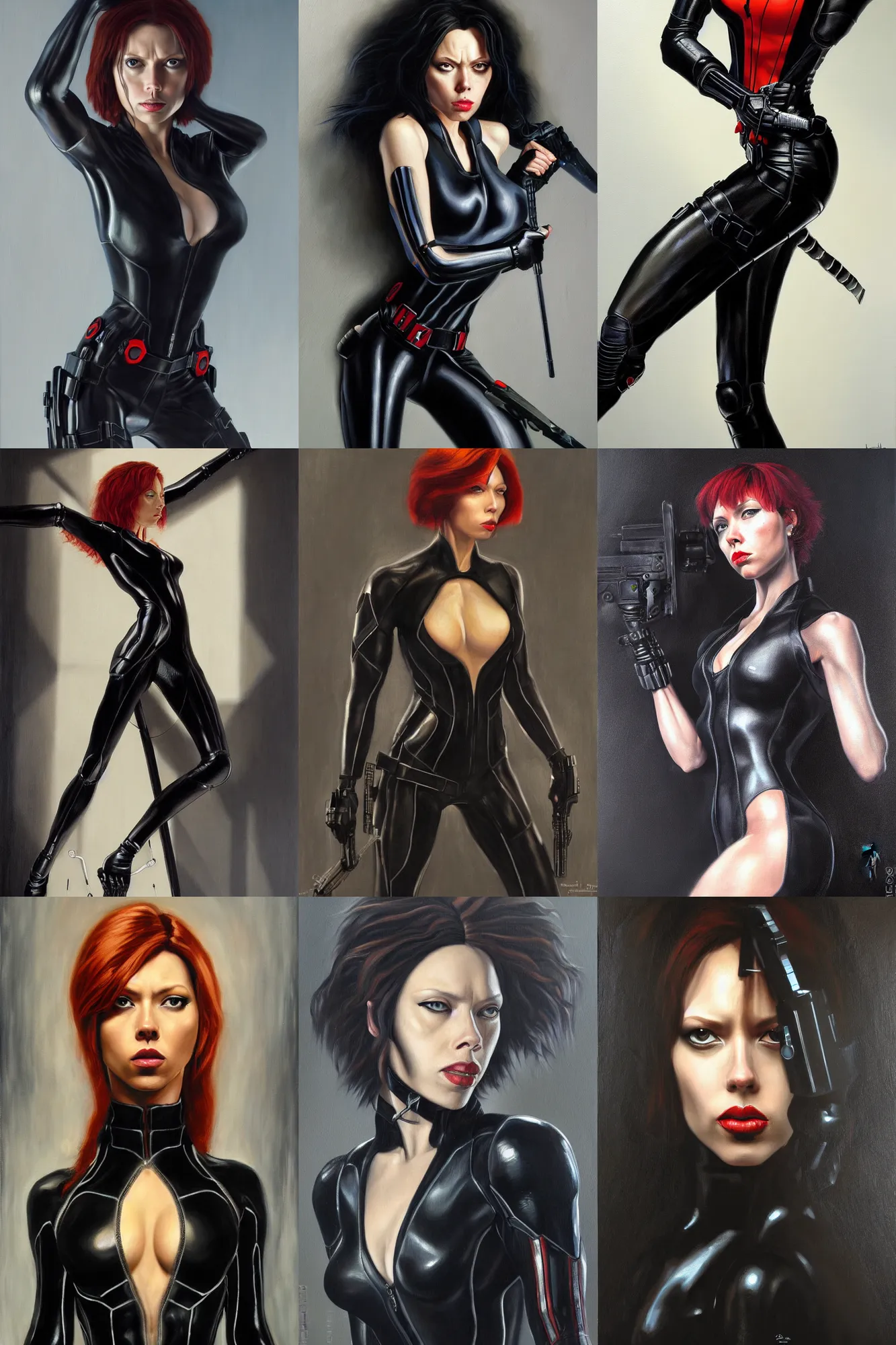 Prompt: very detailed oil painting of black widow as aeon flux by peter chung, loish, rembrandt, anne leibovitz,