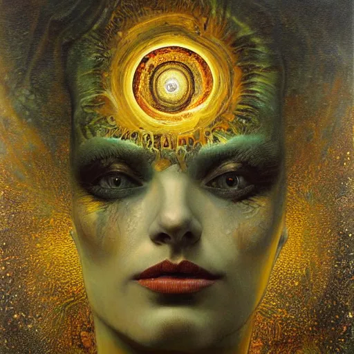 Image similar to Visions of Hell by Karol Bak, Jean Deville, Gustav Klimt, and Vincent Van Gogh, nightmare portrait, infernal, visionary, otherworldly, fractal structures, ornate gilded medieval icon, third eye, hellfire, spirals, cosmic horror