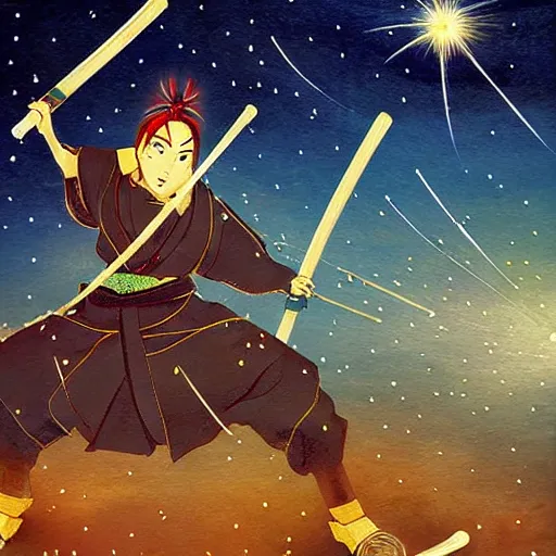 Image similar to japanese hamster samurai. with long sword. anime art. painting. rain of meteors on background